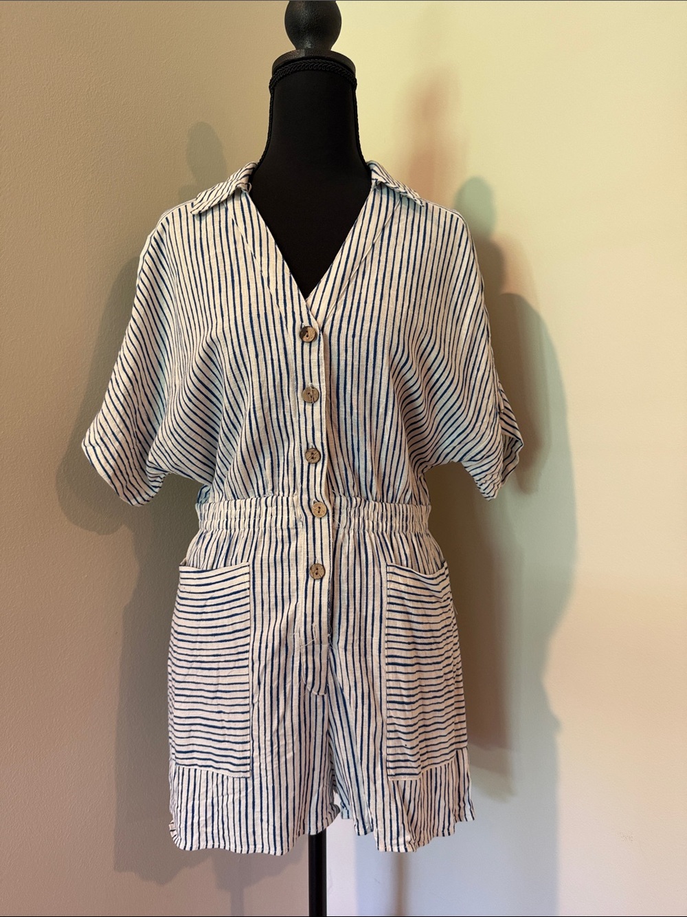 Zara Navy and White Striped Short-Sleeve Romper